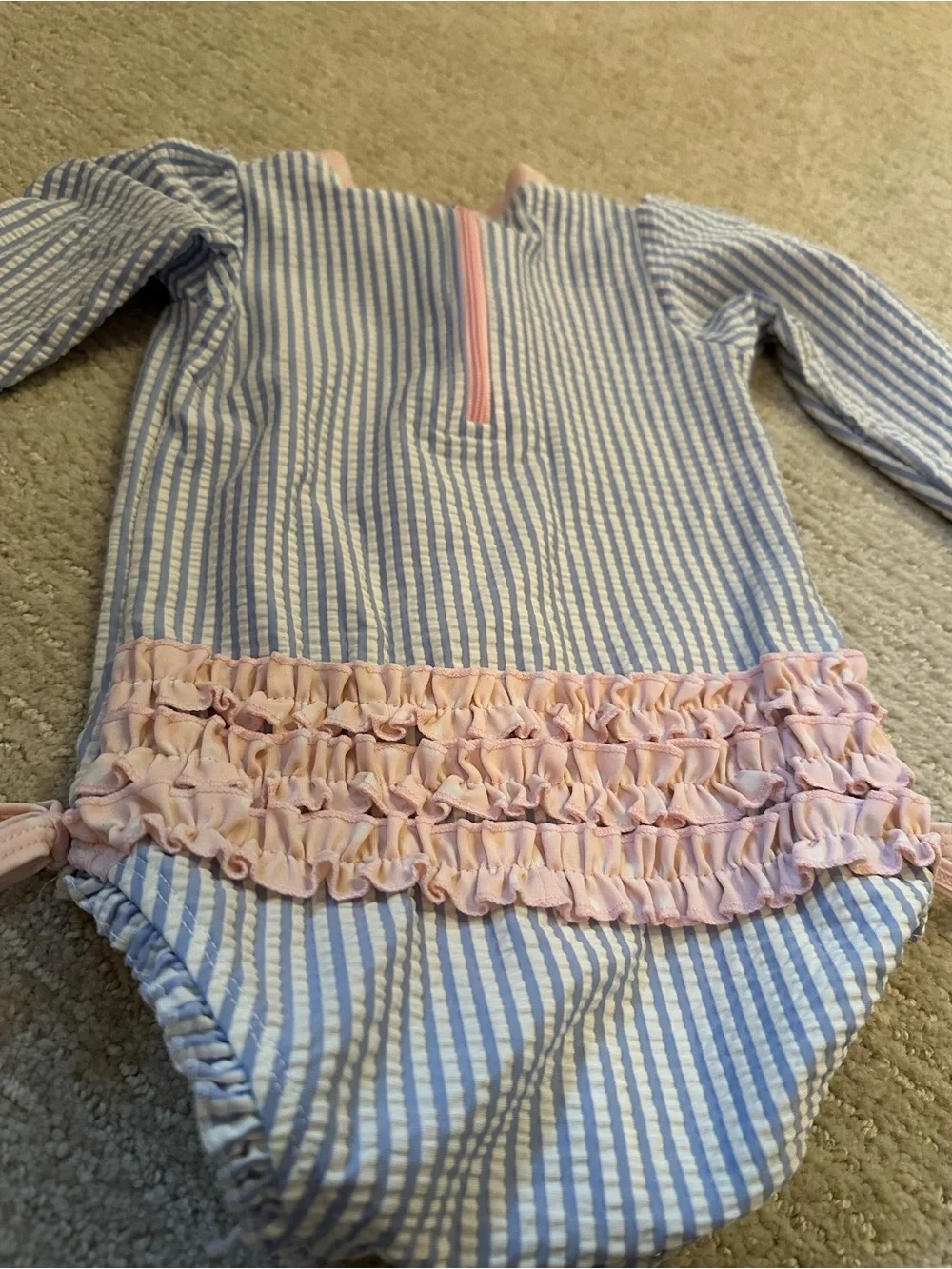 Ruffle Butts Blue & White Striped Long-Sleeve One-Piece with Pink Trim